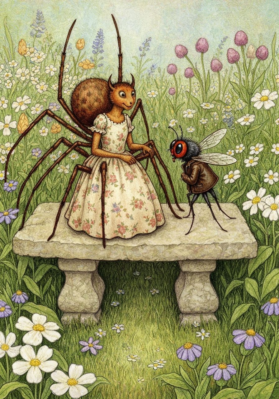 Spider and Fly on Garden Bench in Whimsical Style