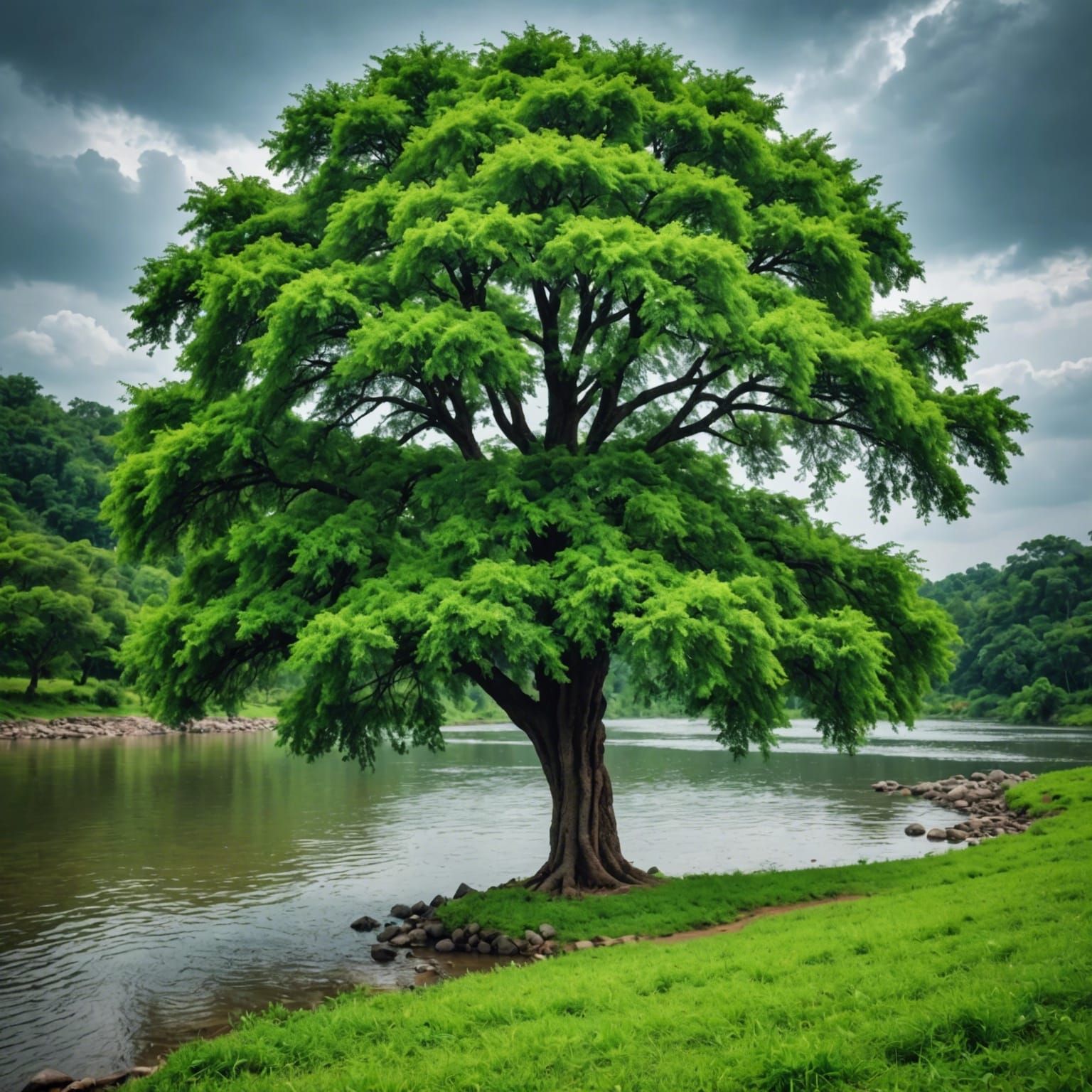 Hyperrealistic Green Tree by River