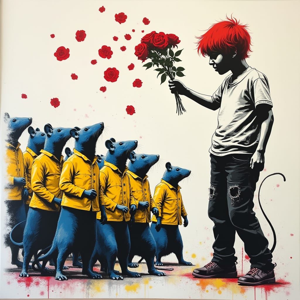 Boy Protesting Rats in Banksy Street Art Style