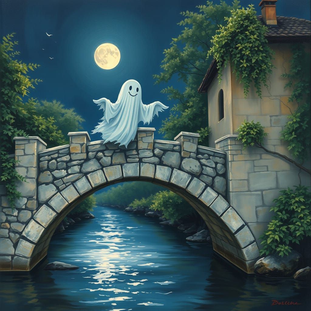 Whimsical Ghost Crosses a Serene Stone Bridge at Night