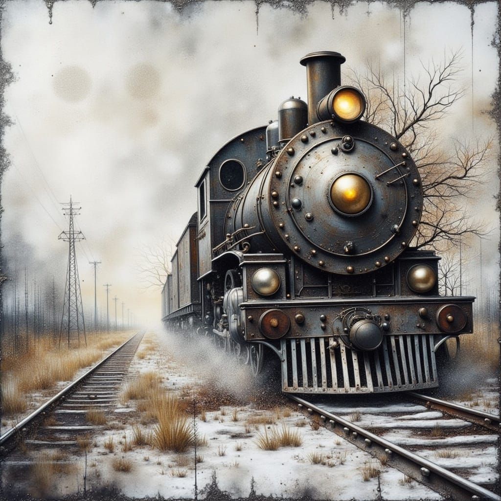 Cyberpunk Ogre Smashes Train Tracks in Vibrant Watercolor