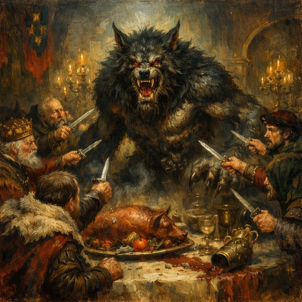 Werewolf Creature Attacked by Medieval Lords in Castle Hall ...