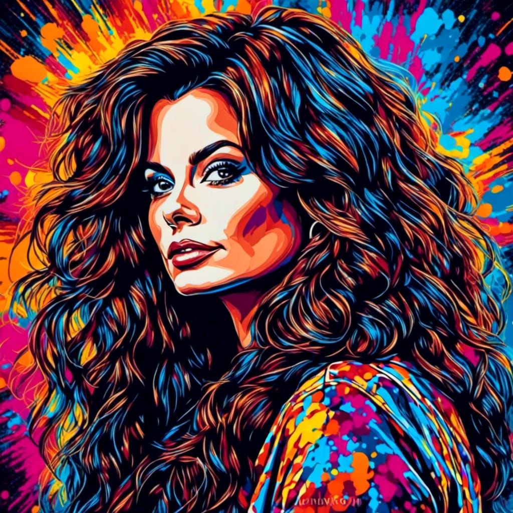 Retro Pop Art Portrait of a Curly-Haired Lady