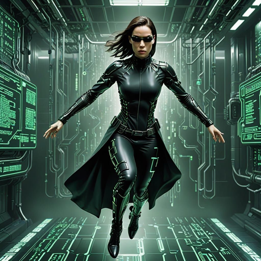 Cyborg Lady Levitates Amidst Matrix Code