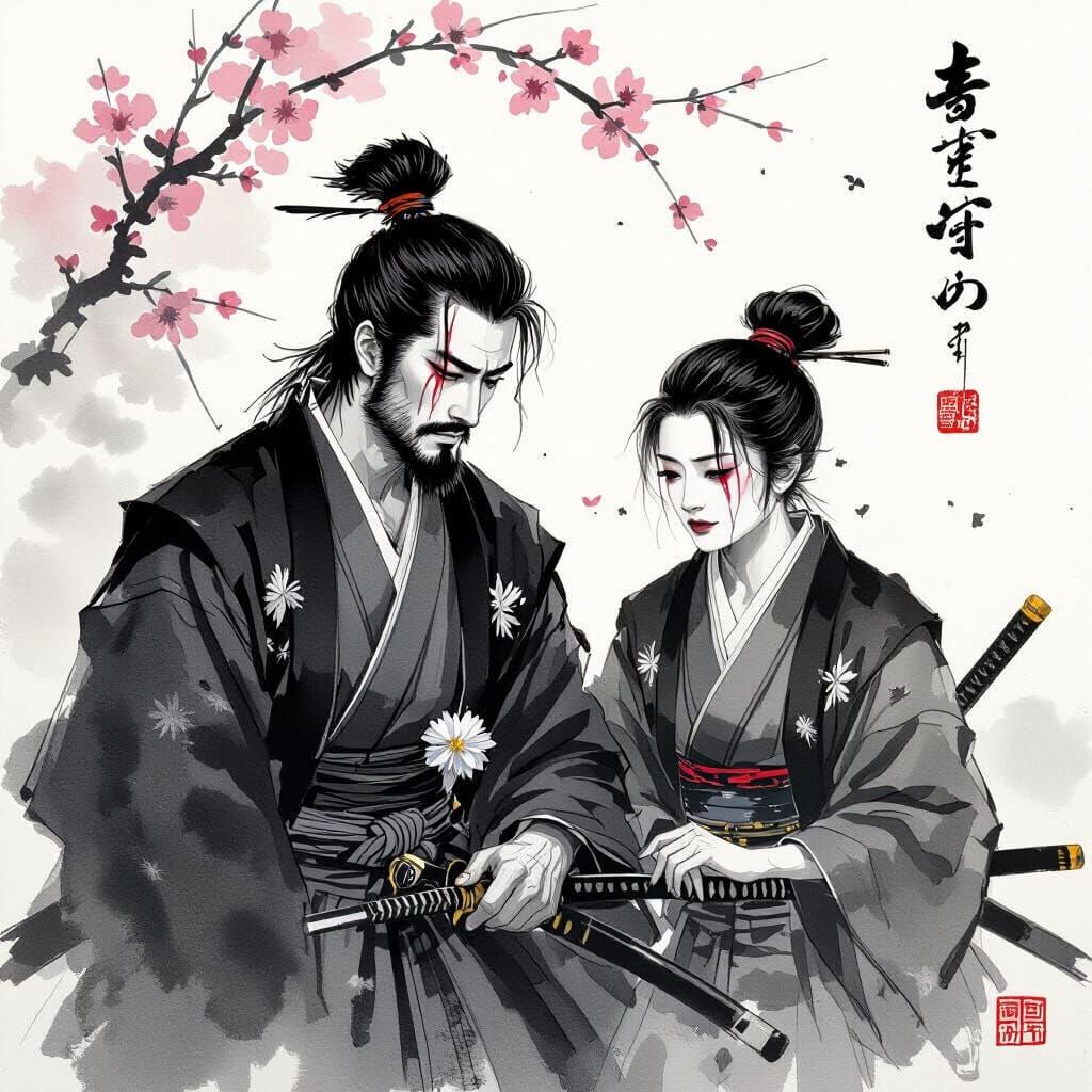 Samurai Master and Apprentice in Inksplash Style