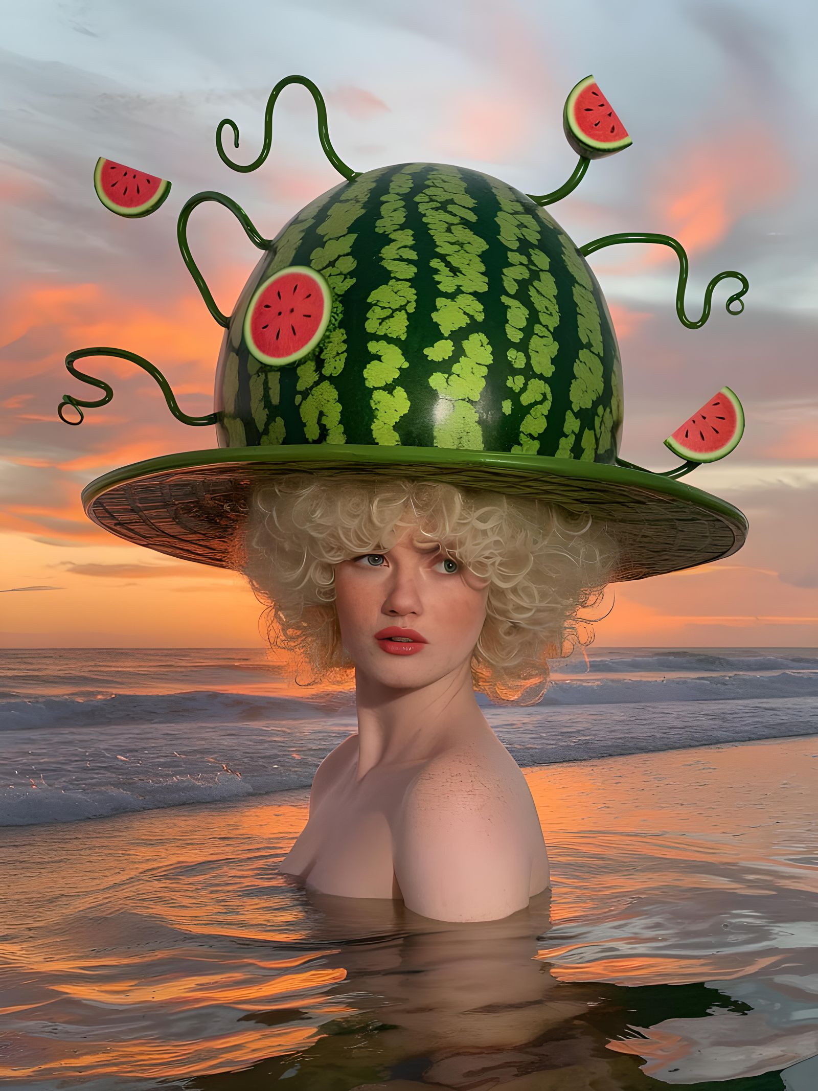 Albino Woman's Watermelon Vine Hat at Sunset