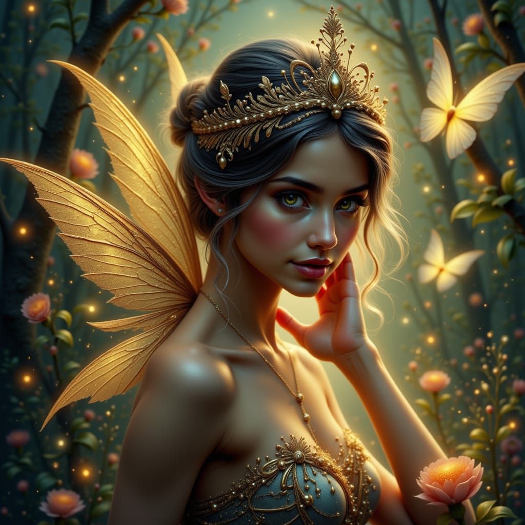 Regal Fairy Queen with Golden Crown and Wings