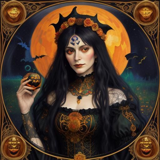 Halloween Witch Portrait in Klimt Art Nouveau Style