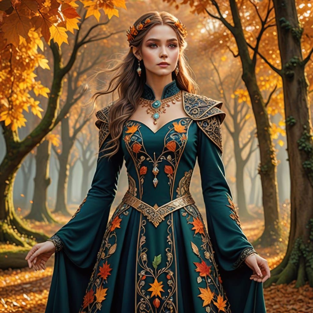 Magical Elven Autumn Dress with Majestic Jewelry
