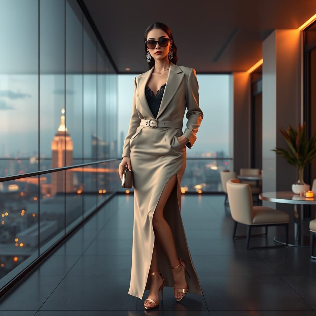 High-Fashion Woman in Modern Rooftop Lounge