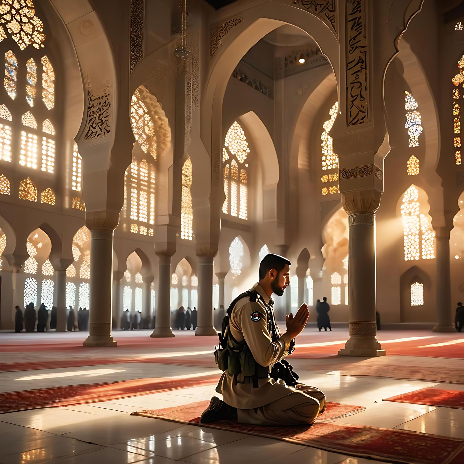 Soldier Praying in Mosque with Echoes