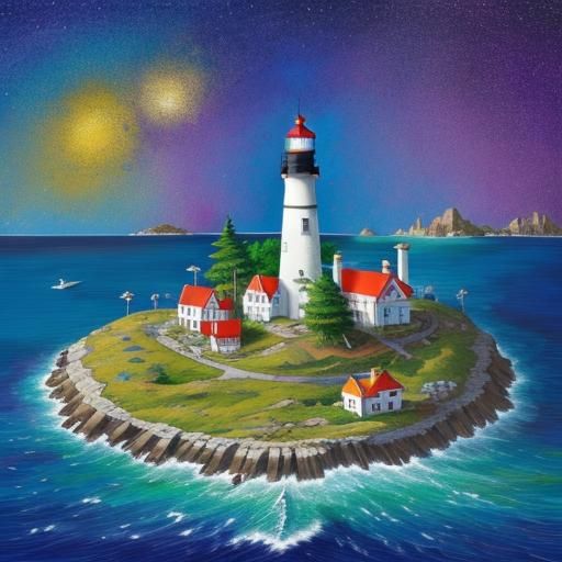 Colorful Lighthouse Illustration with Storybook Cottages