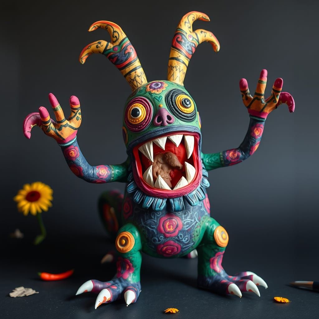 Vibrant Papier Mâché Creature in Mexican Folk Art Style