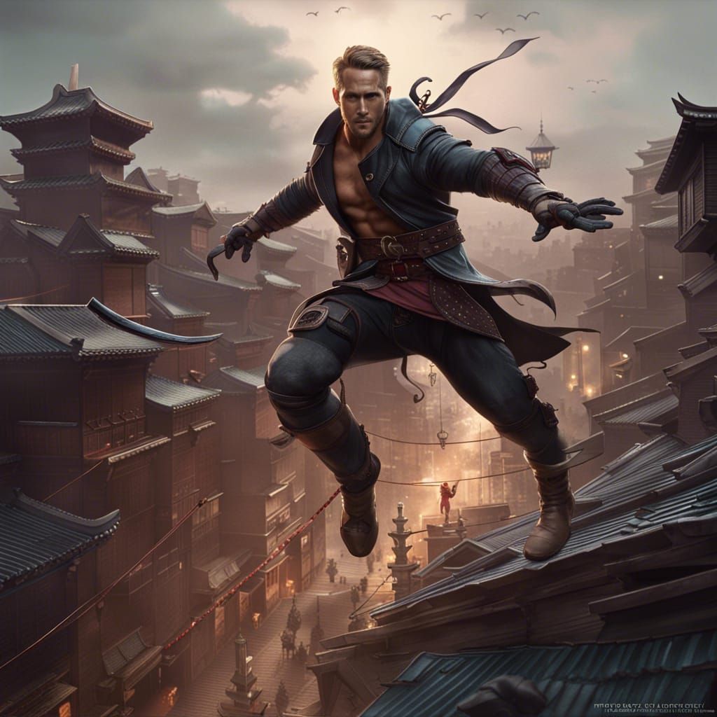 Ryan Reynolds as Roof Running Thief: Detailed 8k Art