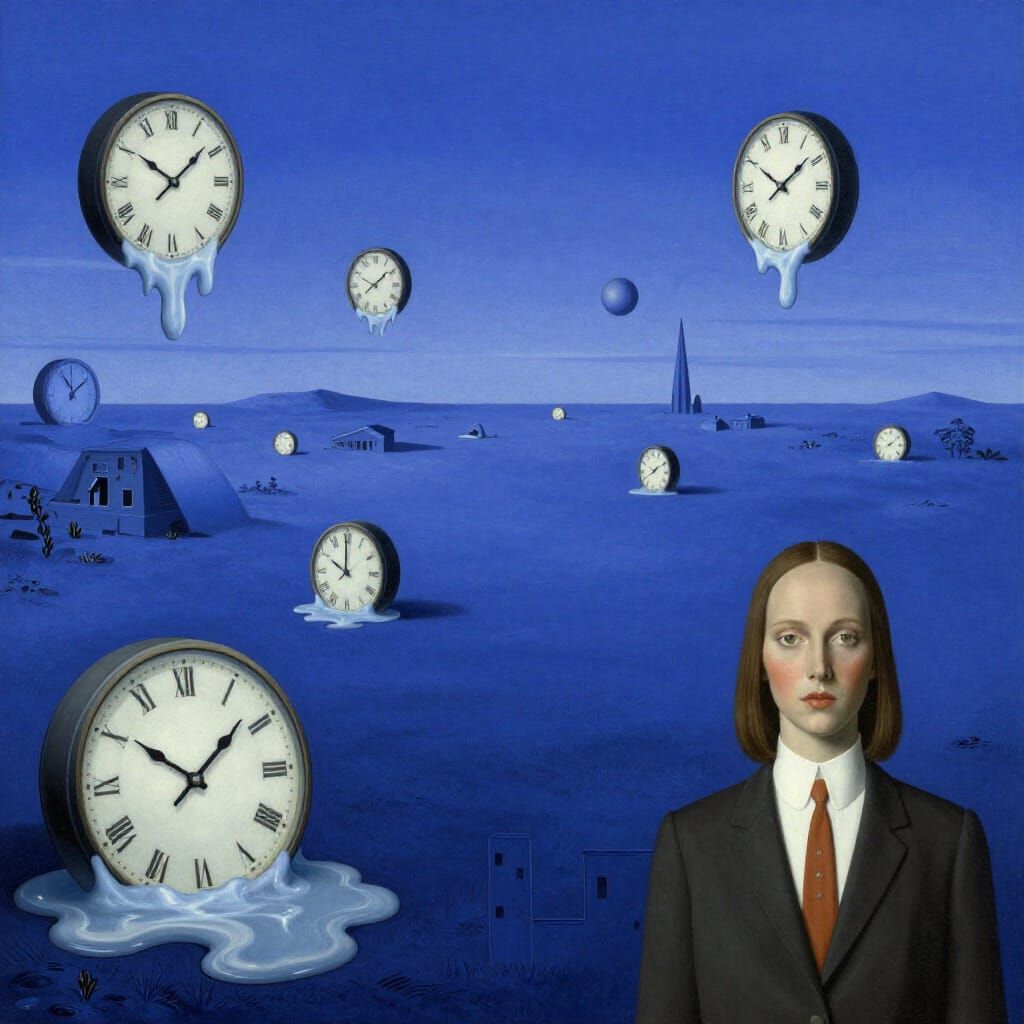 Dreamlike Cobalt Landscape with Melting Clocks
