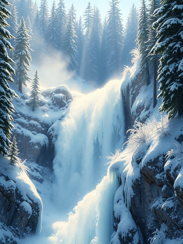 Snowy Waterfall in Romantic Impressionist Style