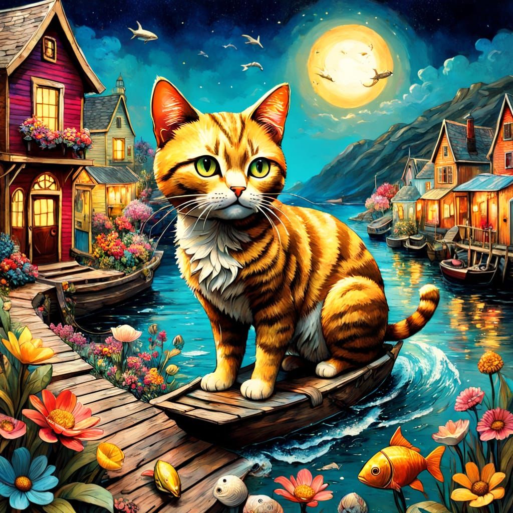 Vintage Collage Cat in Whimsical Seaside Village