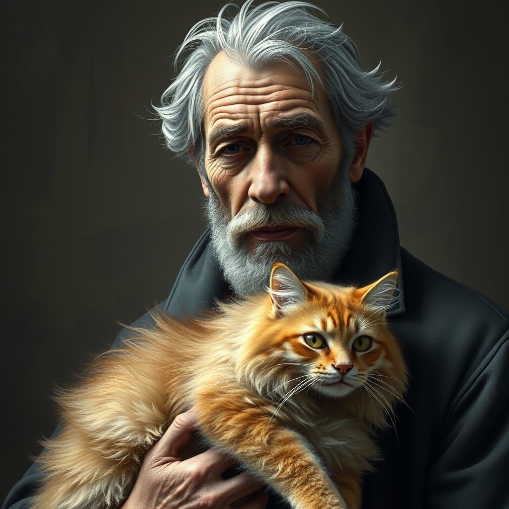 Weathered Gentleman Holds Elegant Persian Cat in Portrait
