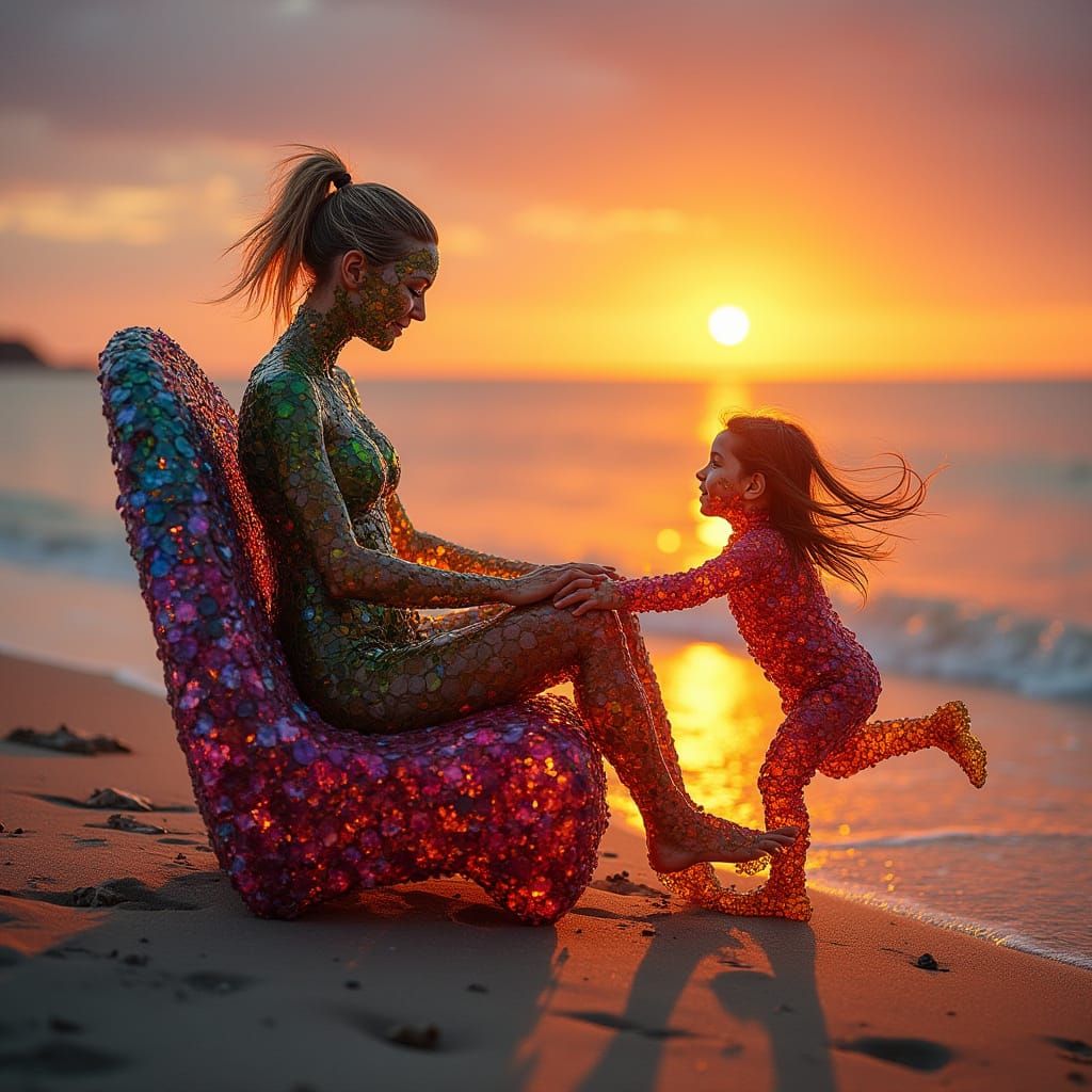 Glass Woman and Daughter Enjoy Sunset on Secluded Beach
