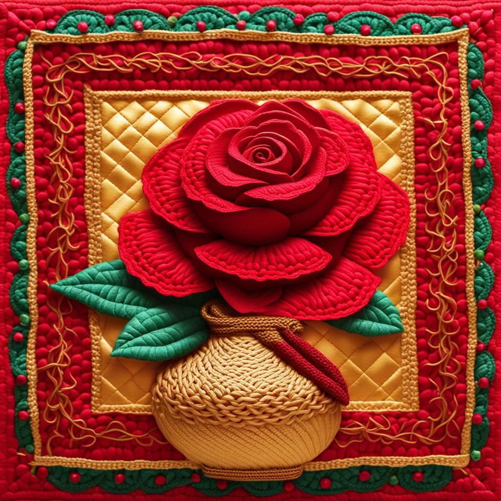 Stylized Red Rose in Golden Vase, Folk Art Style