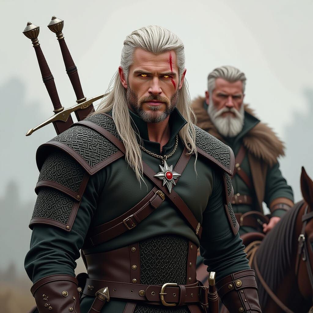 Geralt and Vesemir: Dark Fantasy Horseback Portrait