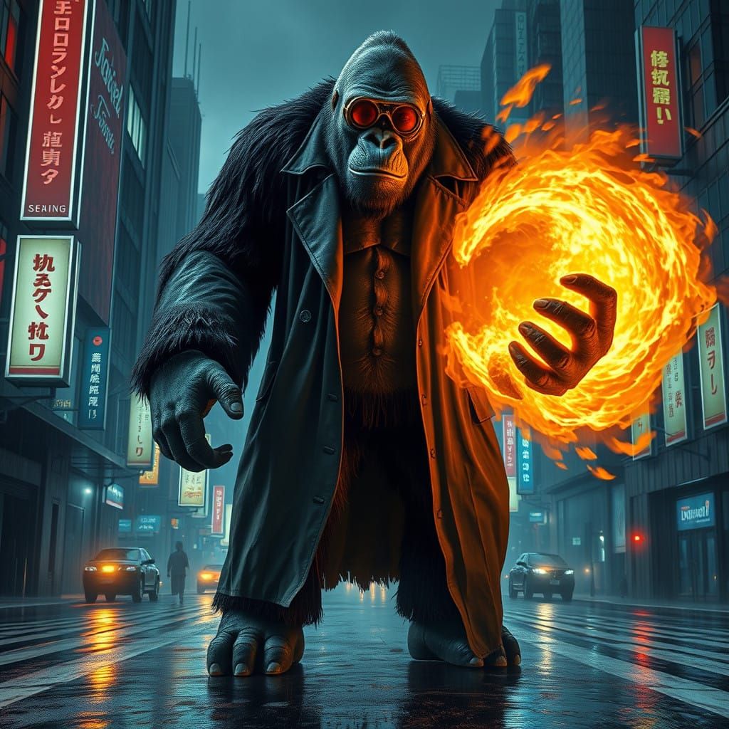 Cyberpunk Gorilla Unleashes Fiery Fury in Neon Jungle