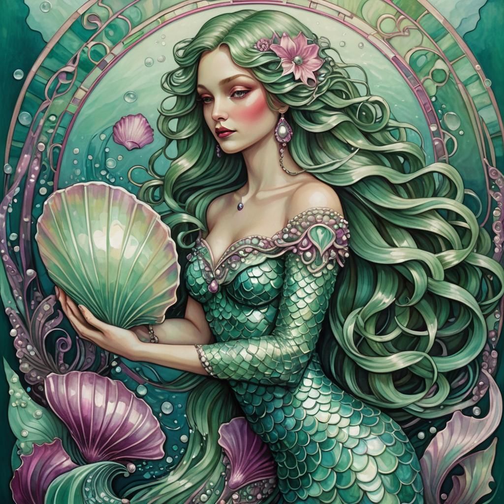 Art Deco Mermaid Portrait in Shimmering Hues