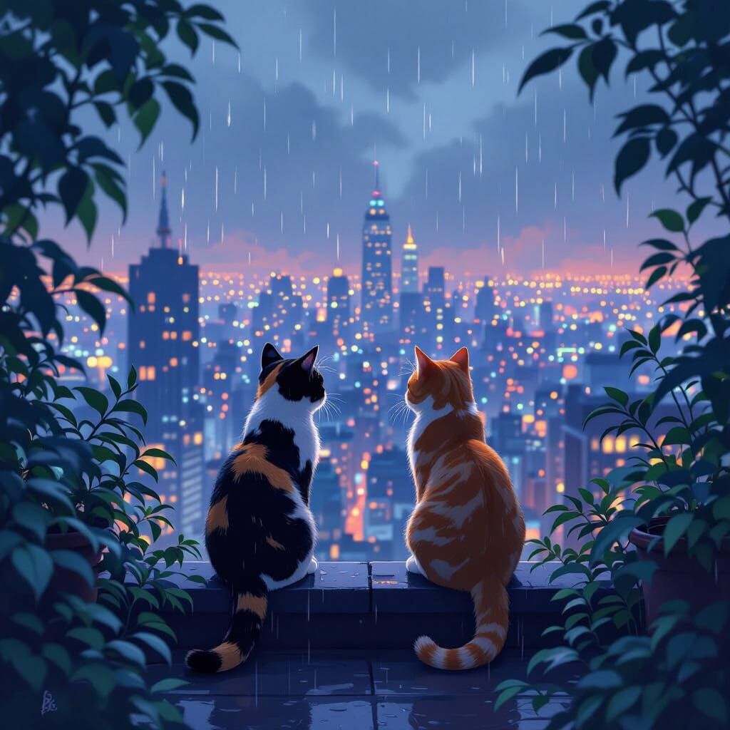 Cats Overlooking Cityscape in Gentle Rain