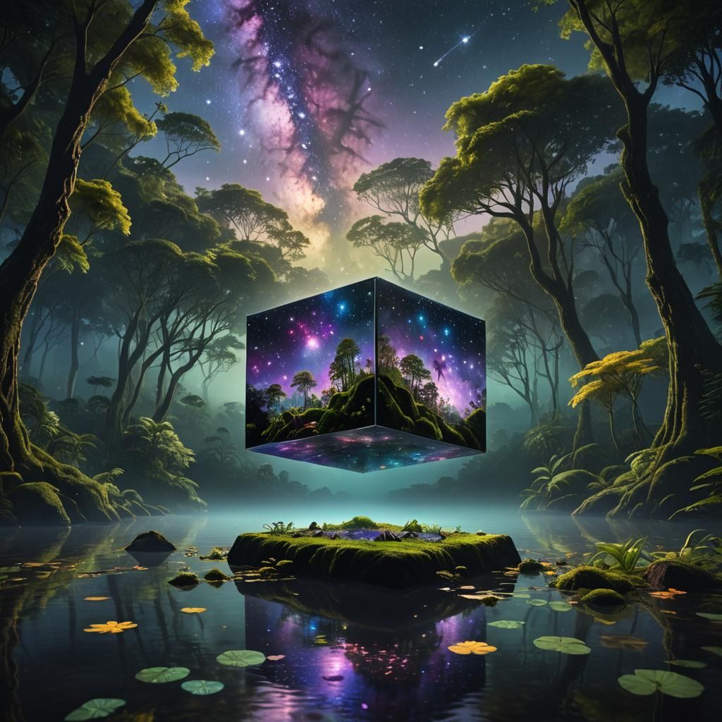 Galaxies in Black Cube Above Rainforest Lake