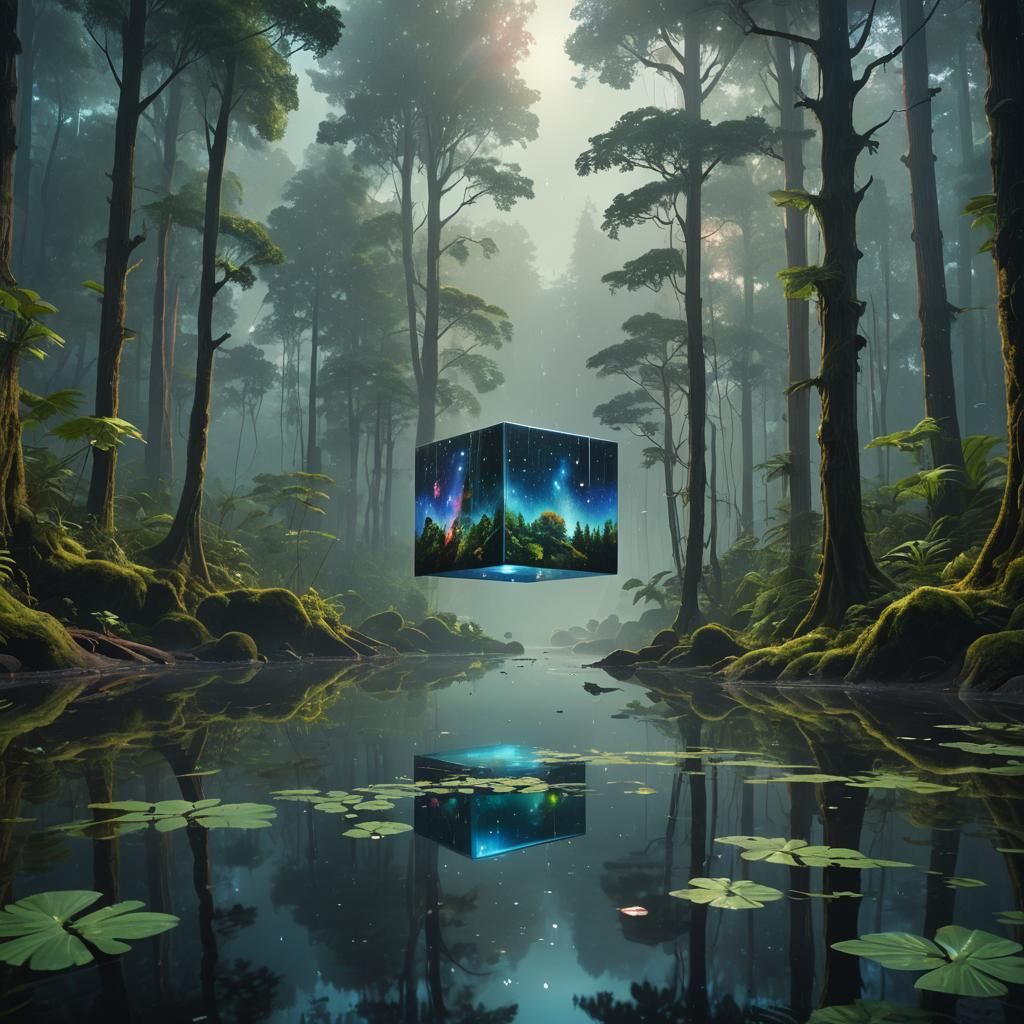 Galactic Cube in Magic Rainforest: Digital Matte Painting