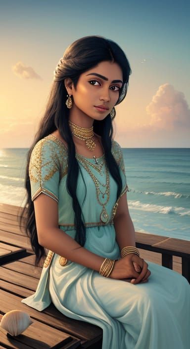 South Asian Woman Dreaming by the Sea in Golden Hour