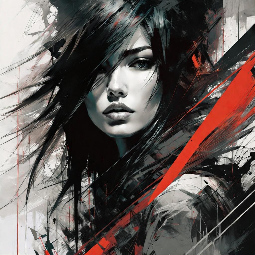 Entangled Girl in Chaotic Crosshatch of Lines