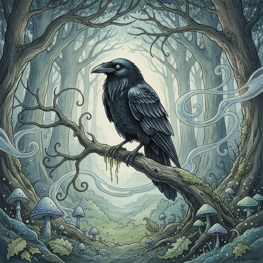Emerald-Eyed Raven in Mystical Forest Watercolor