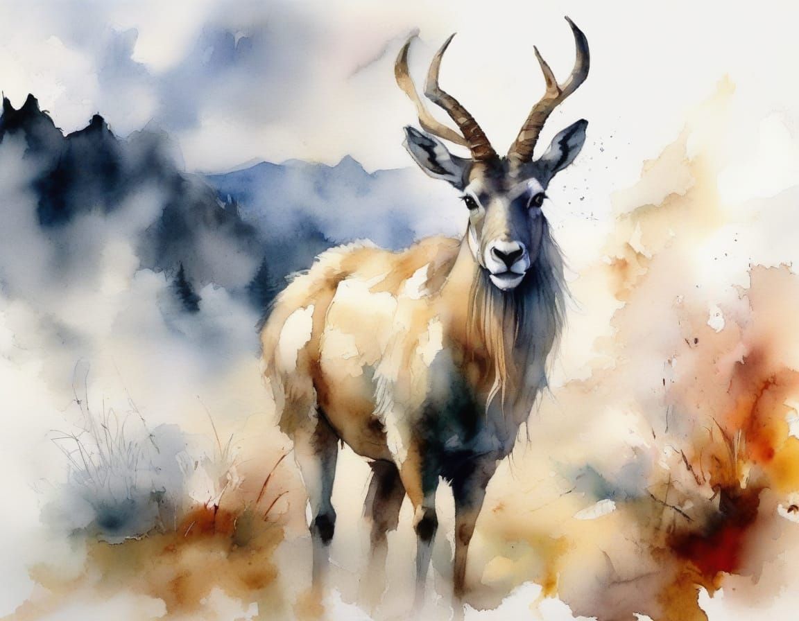Markhor in Haenraets-Inspired Watercolour Splendour