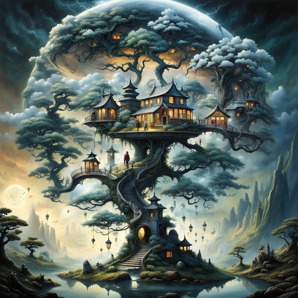 Surreal Stargate Scene with Bonsai and Victorian Cottages