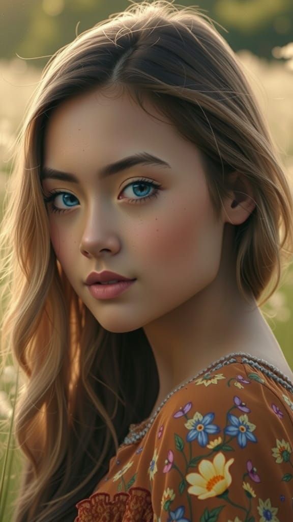 Eurasian Girl in Meadow: Whimsical Digital Painting