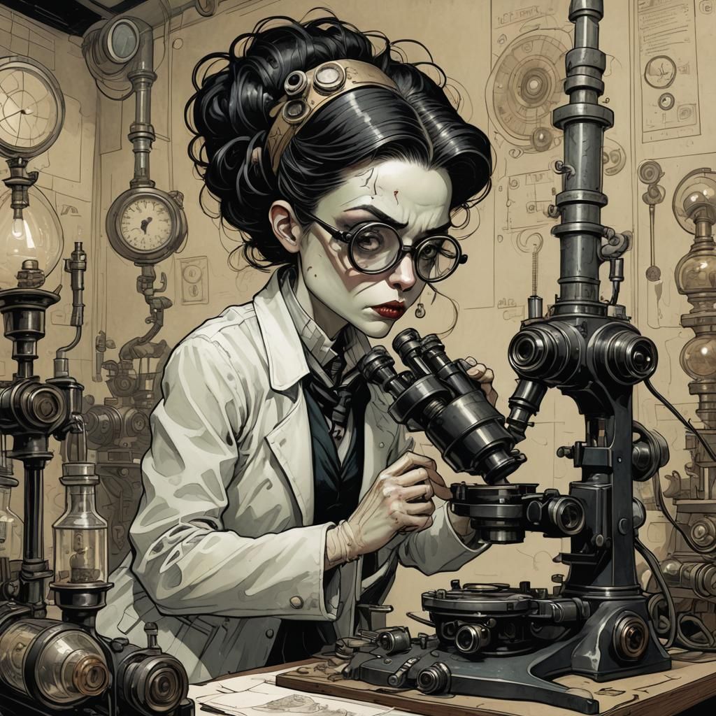 Mad Scientist Peering into Microscope: Art Brut Style