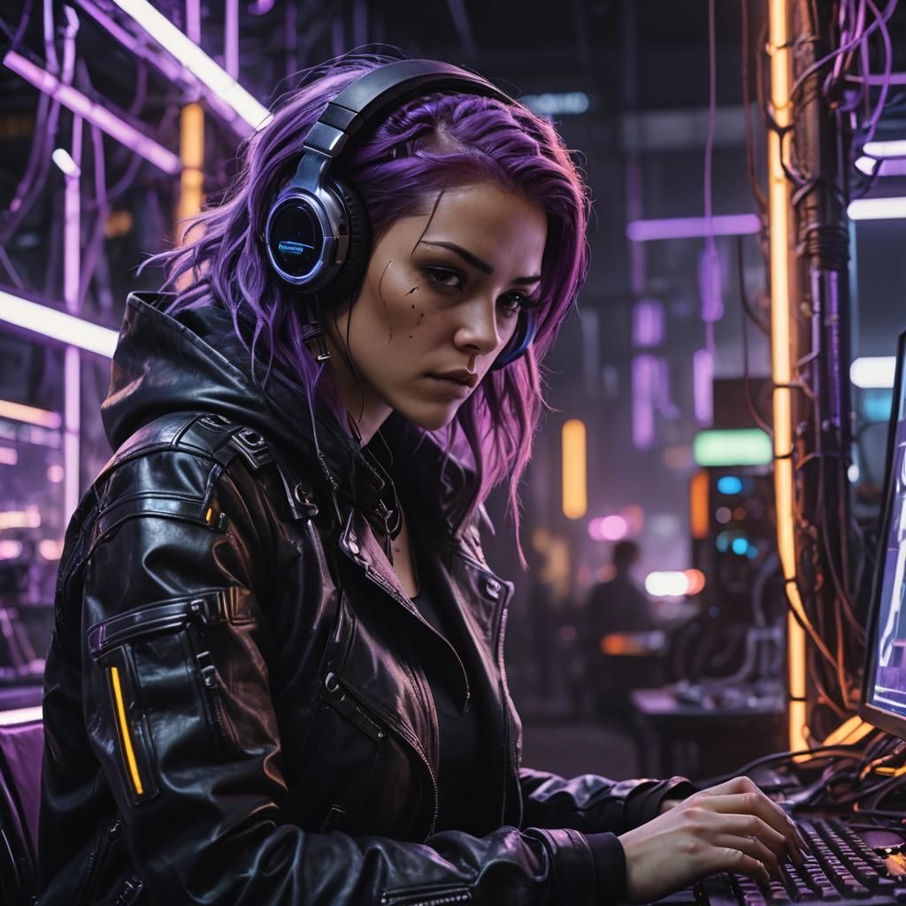 Purple-Haired Hacker in Cyberpunk Film Still