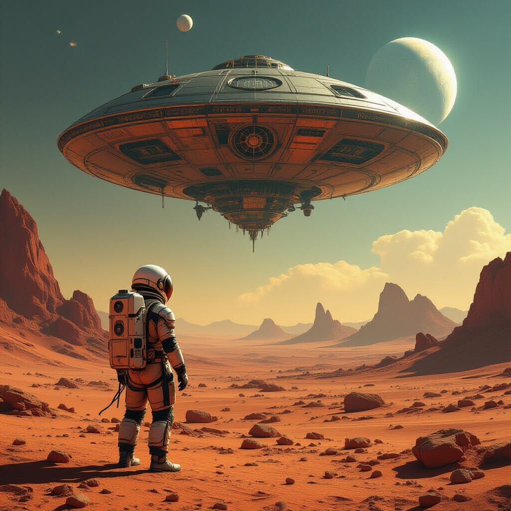 Steampunk Astronaut on Alien Planet with UFO
