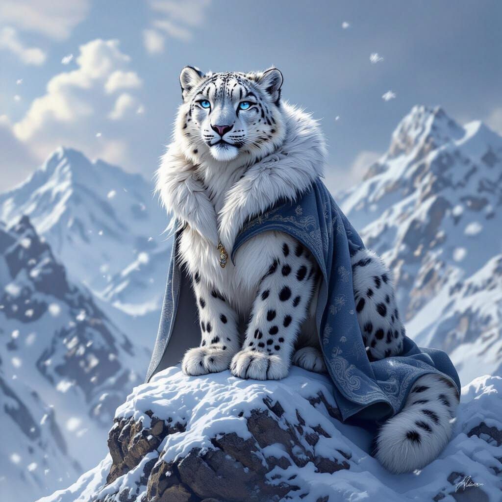 Snow Leopard in Silken Coat on Frosted Peak