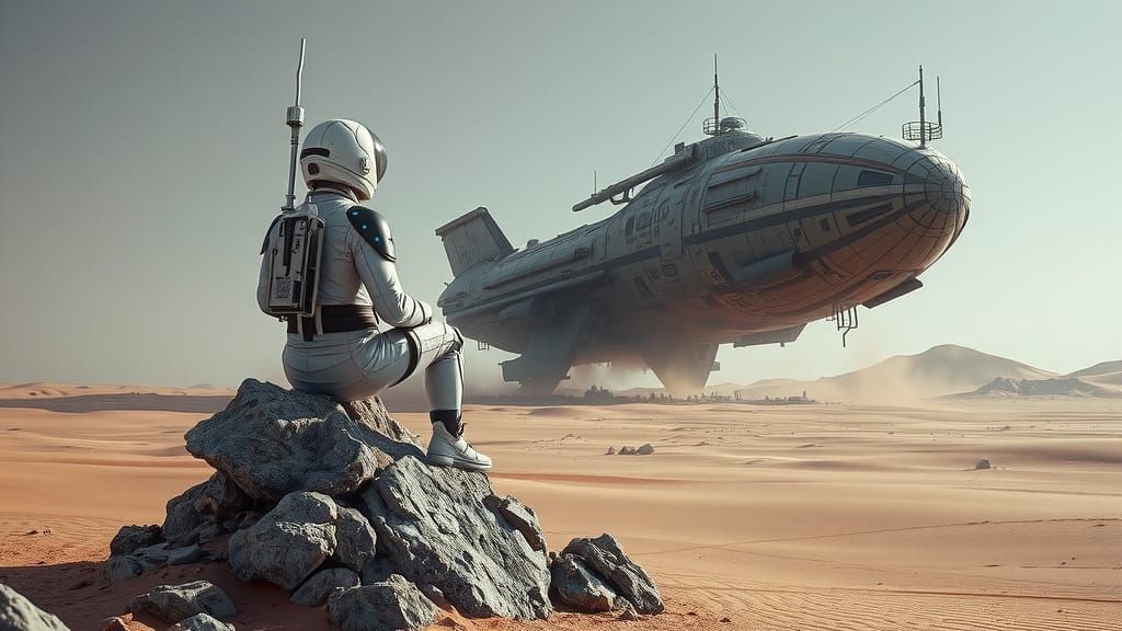 Futuristic Space Explorer Gazing at Spaceship