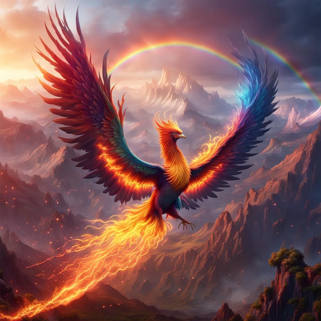 Rainbow Fire Phoenix Flight Over Mountains