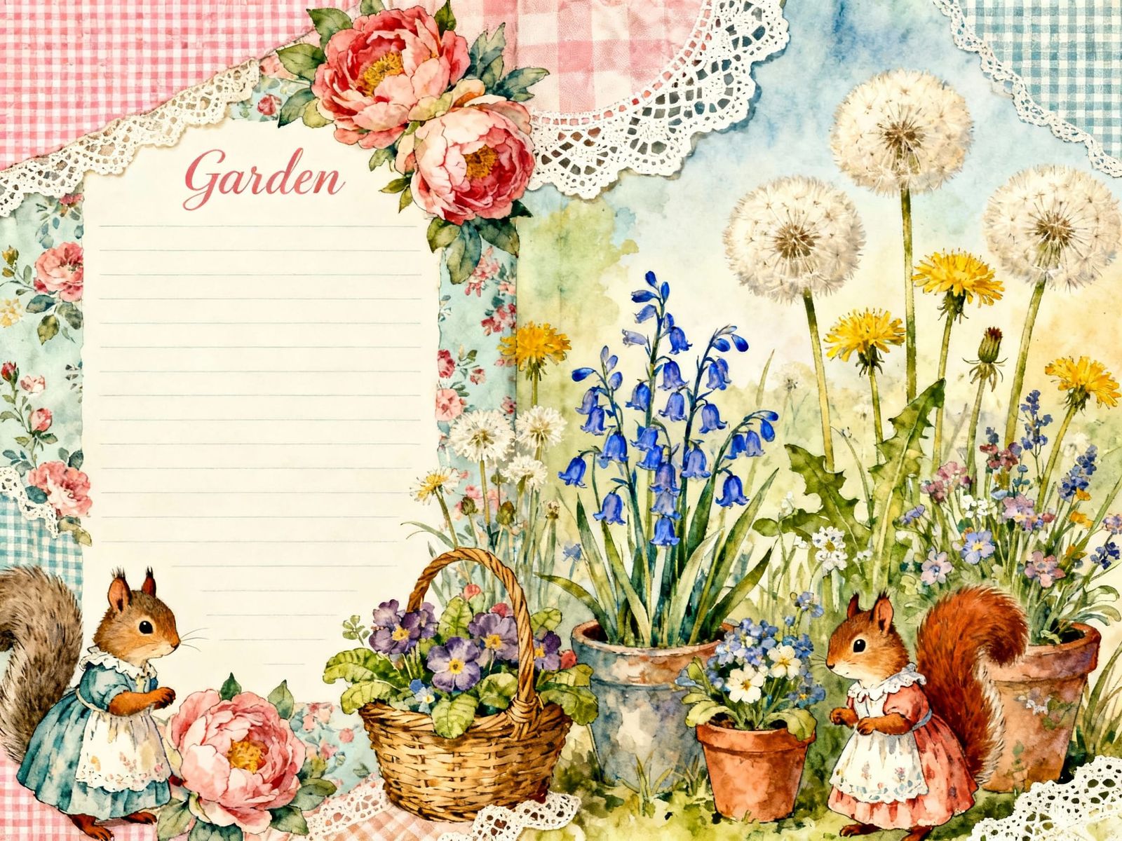 Shabby Chic Garden Journal Page with Squirrels