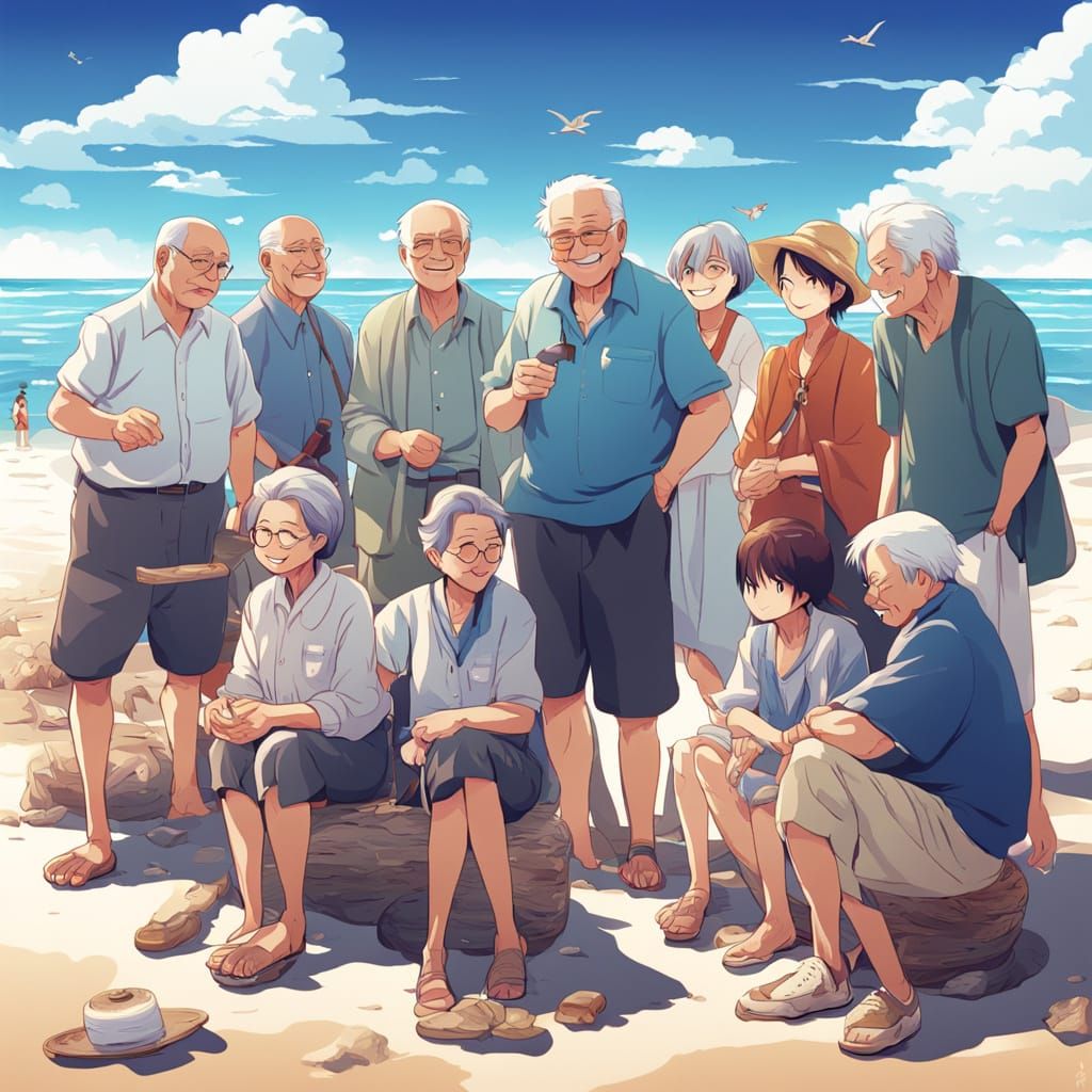 Joyful Elders at Beach: Cel-Shaded Anime Style