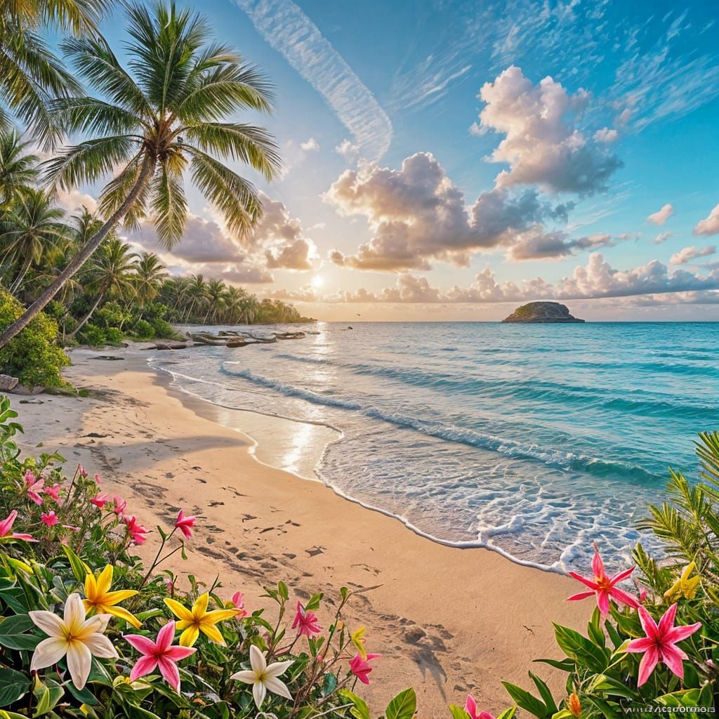 Tropical Beach Sunrise With Palm Trees and Exotic Flowers