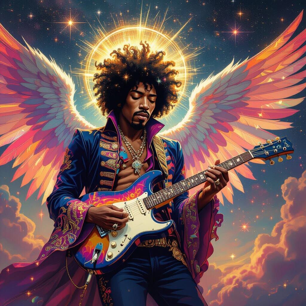 Jimi Hendrix as a Majestic Angel with Celestial Guitar