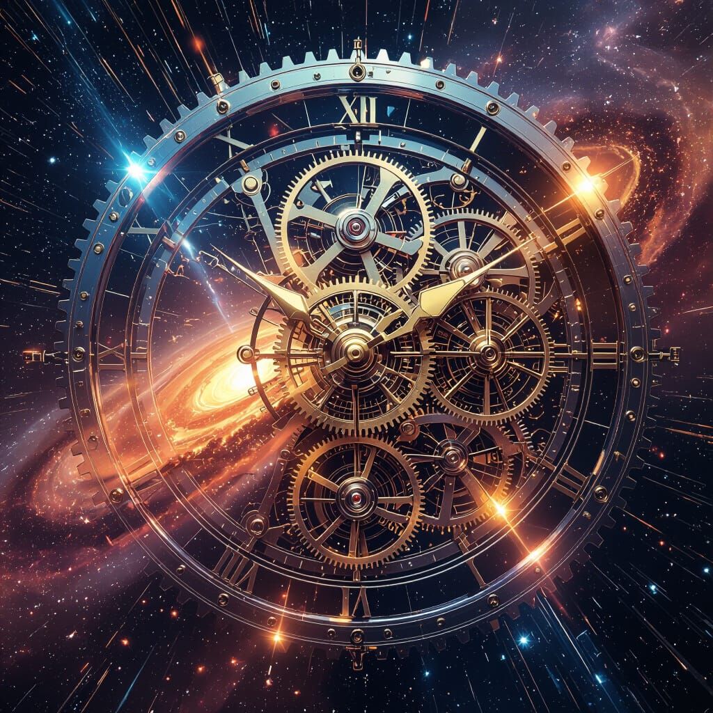 Clock Gears Entwined with Galaxy in Surreal Style