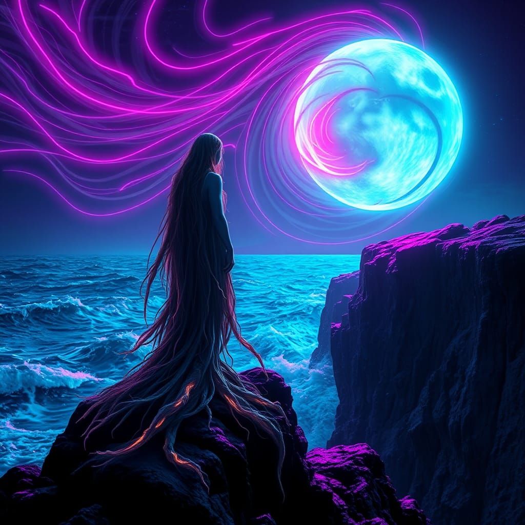 Synthwave Selkie on Moonlit Cliff