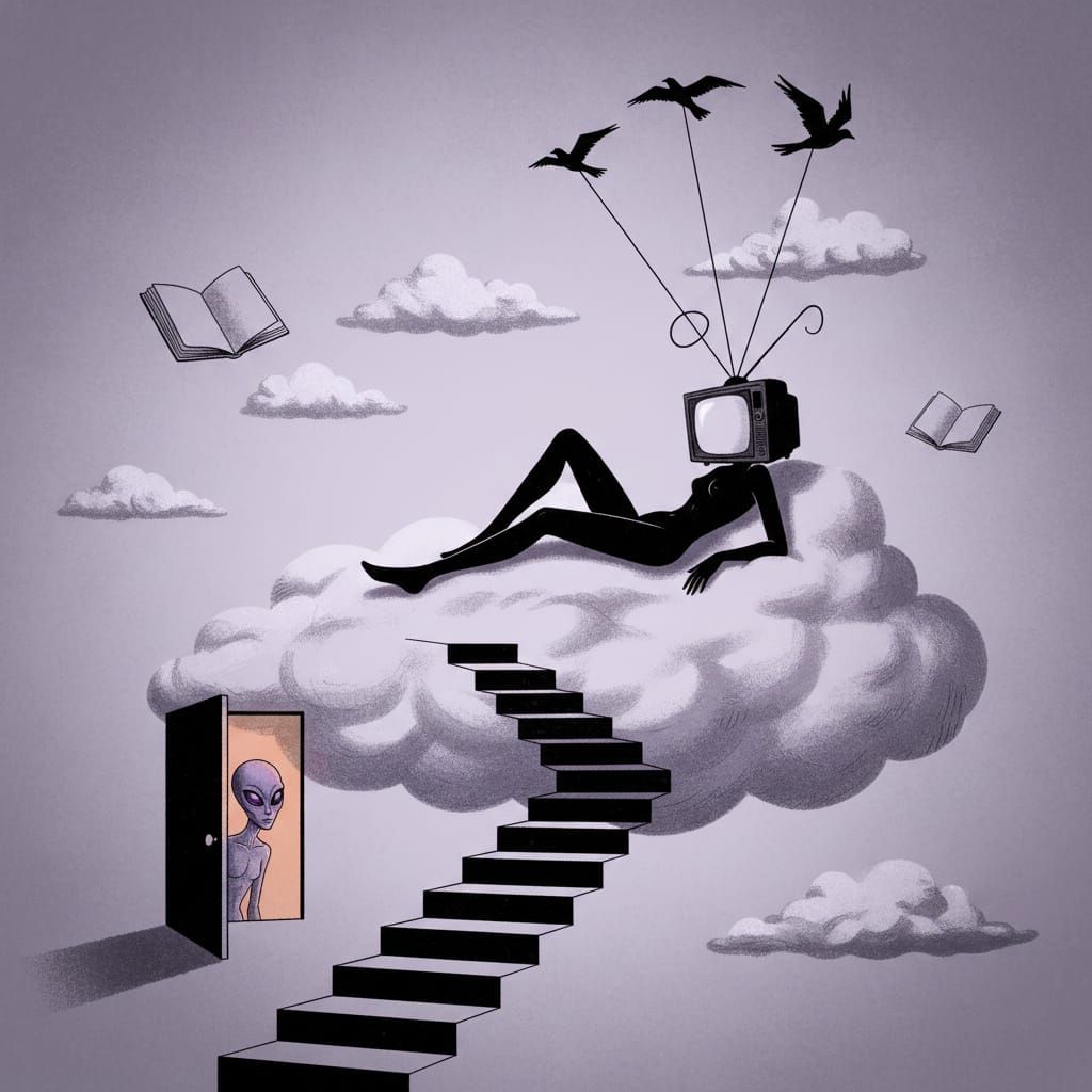 Surreal Figure with TV Head on Cloud, Magritte Style