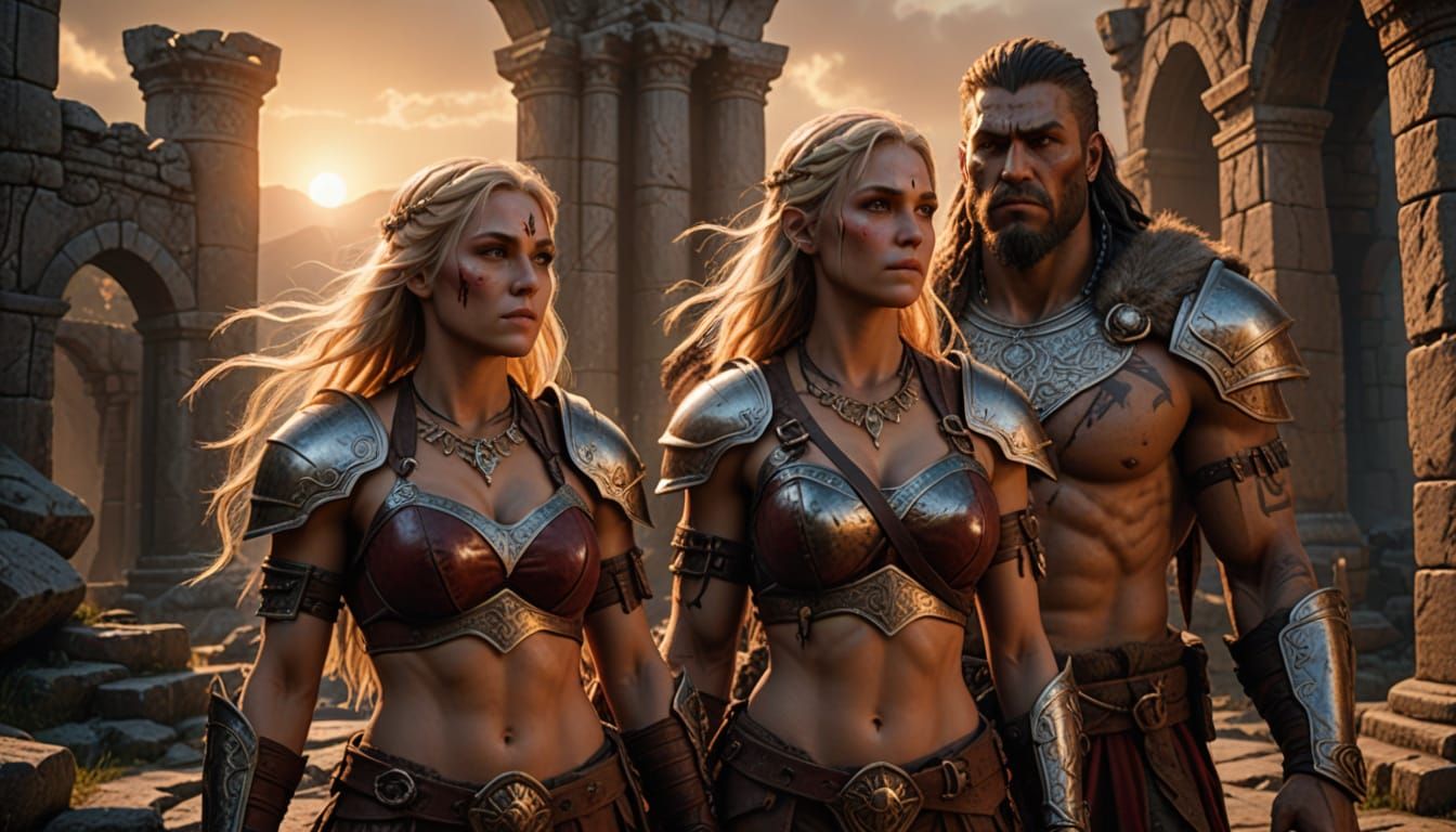 Hyper-Realistic Female Barbarian in Ancient Ruins